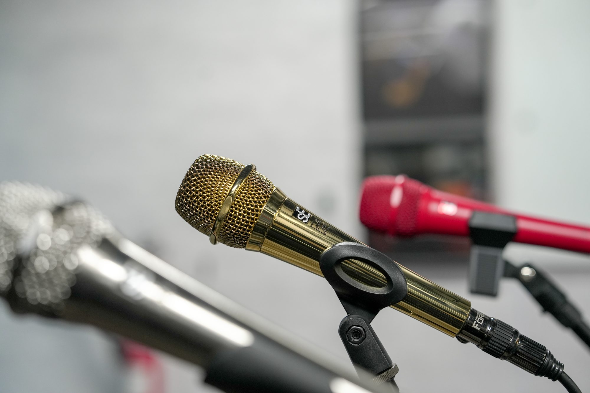 Microphones on stands, close