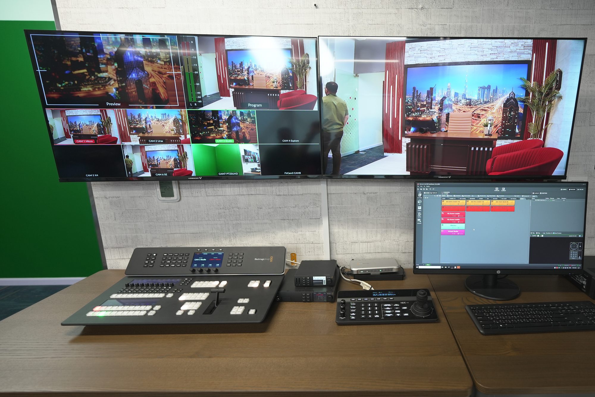 The multiview wall and switcher desk in the live gallery