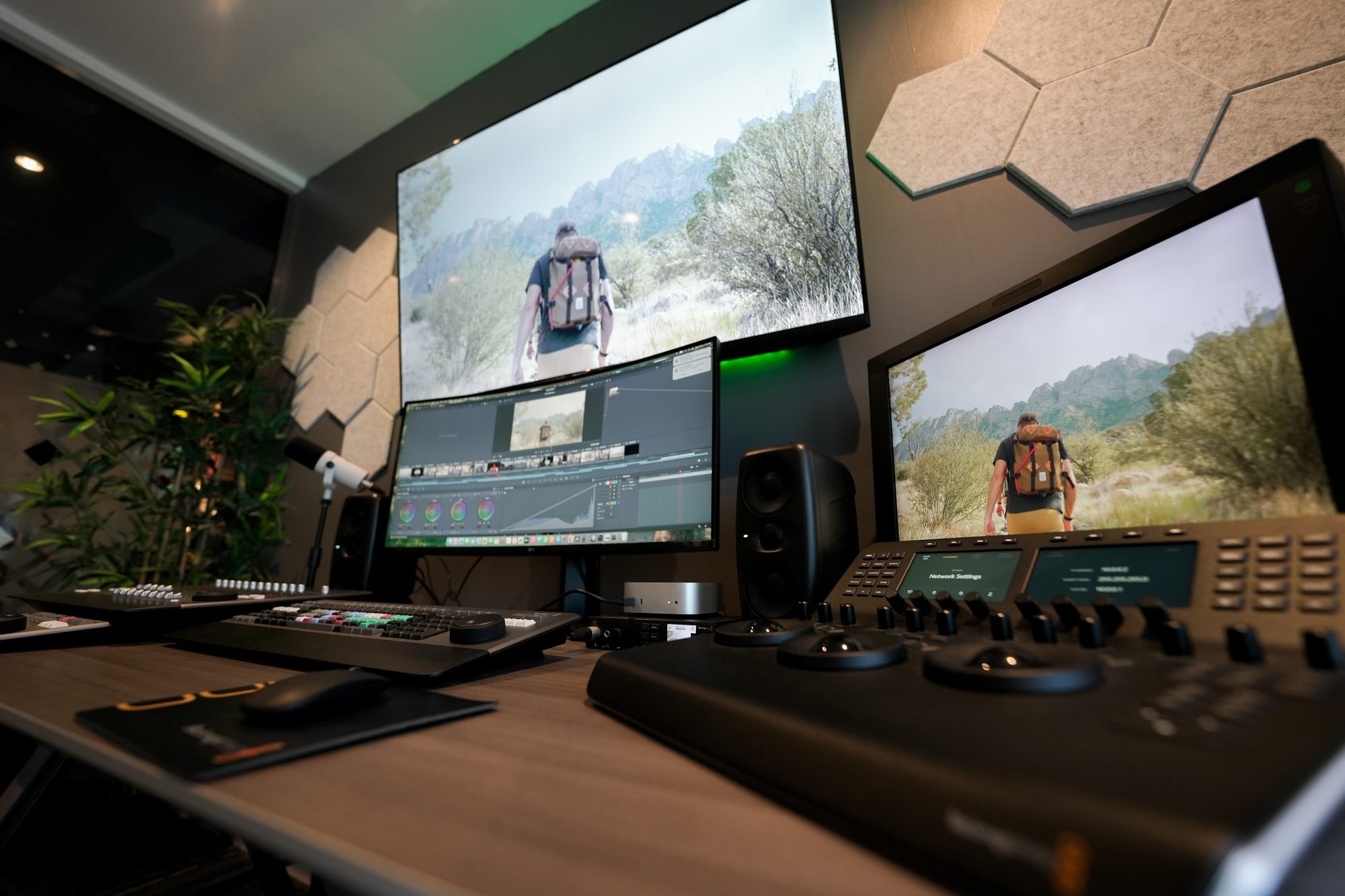 The Resolve suite at MCX, reference monitor above the panel