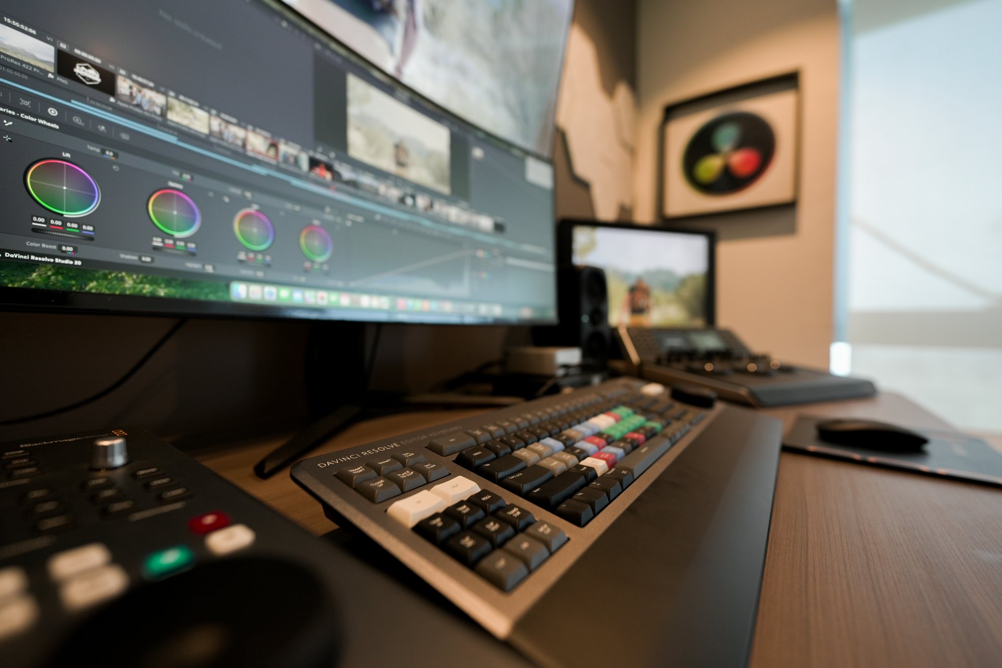 DaVinci Resolve colour wheels on the grading monitor at MCX