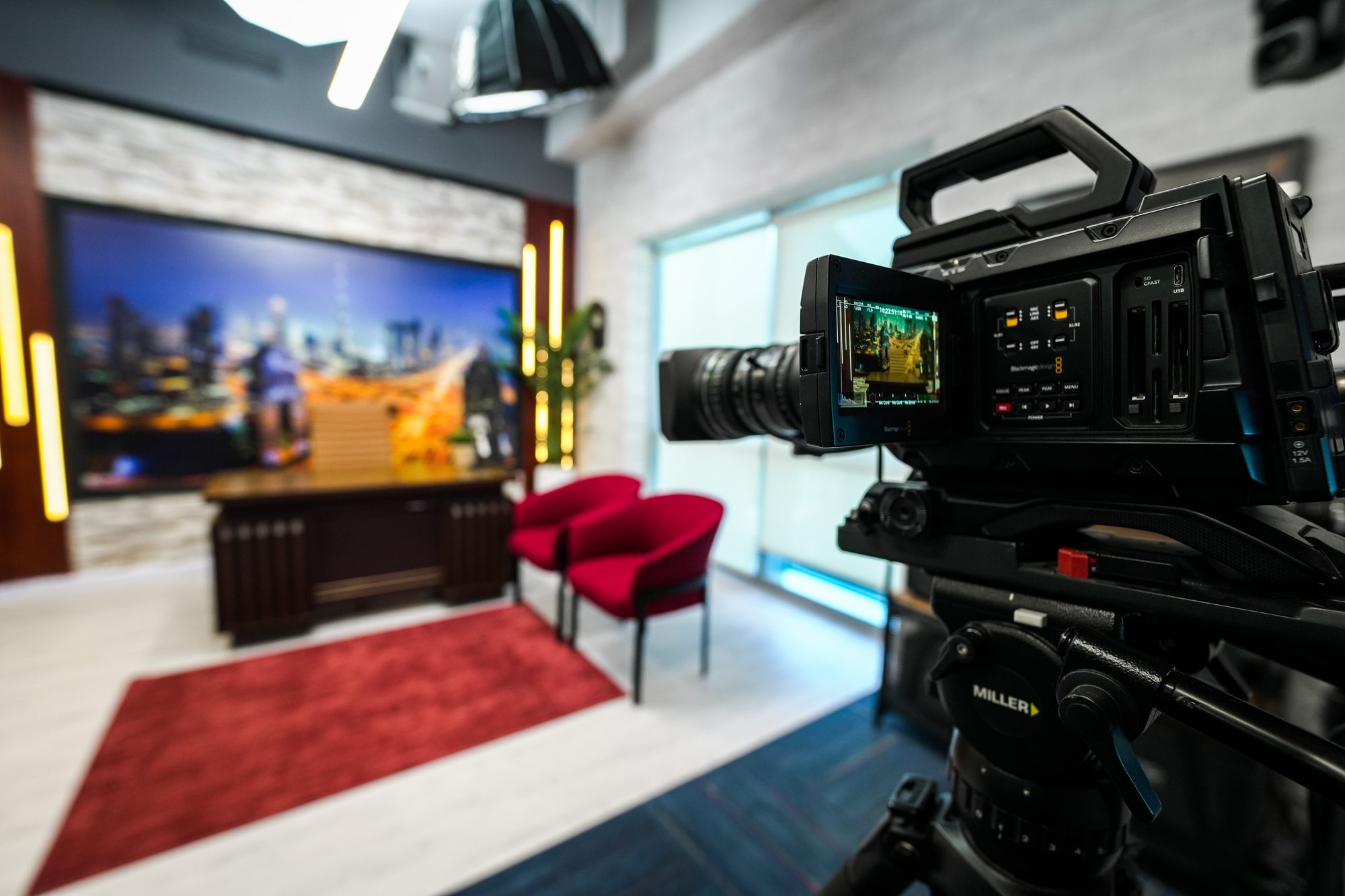 A URSA Broadcast body rigged on the MCX set, the presenter position behind it