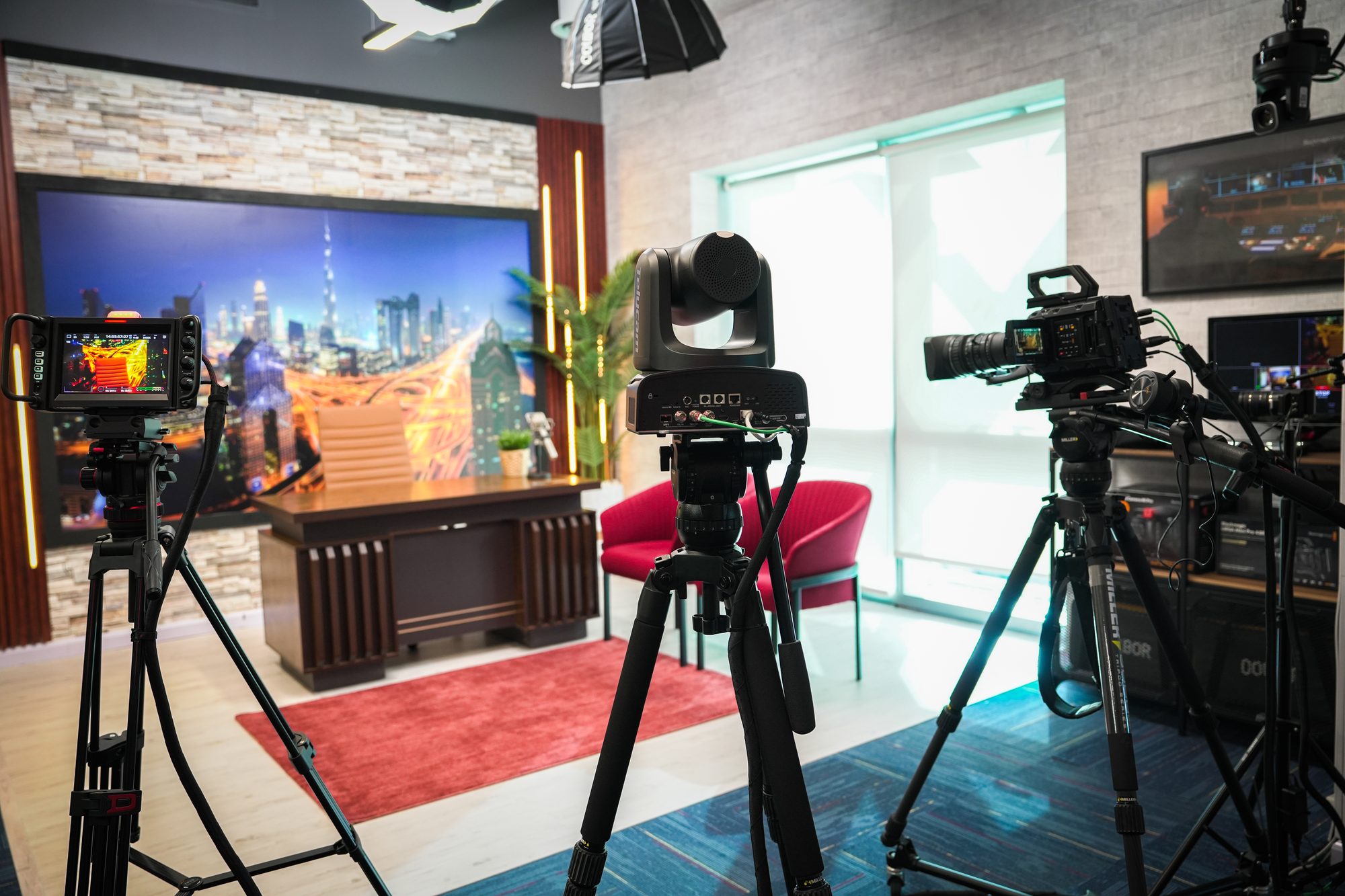 The MCX studio floor, three cameras facing the set