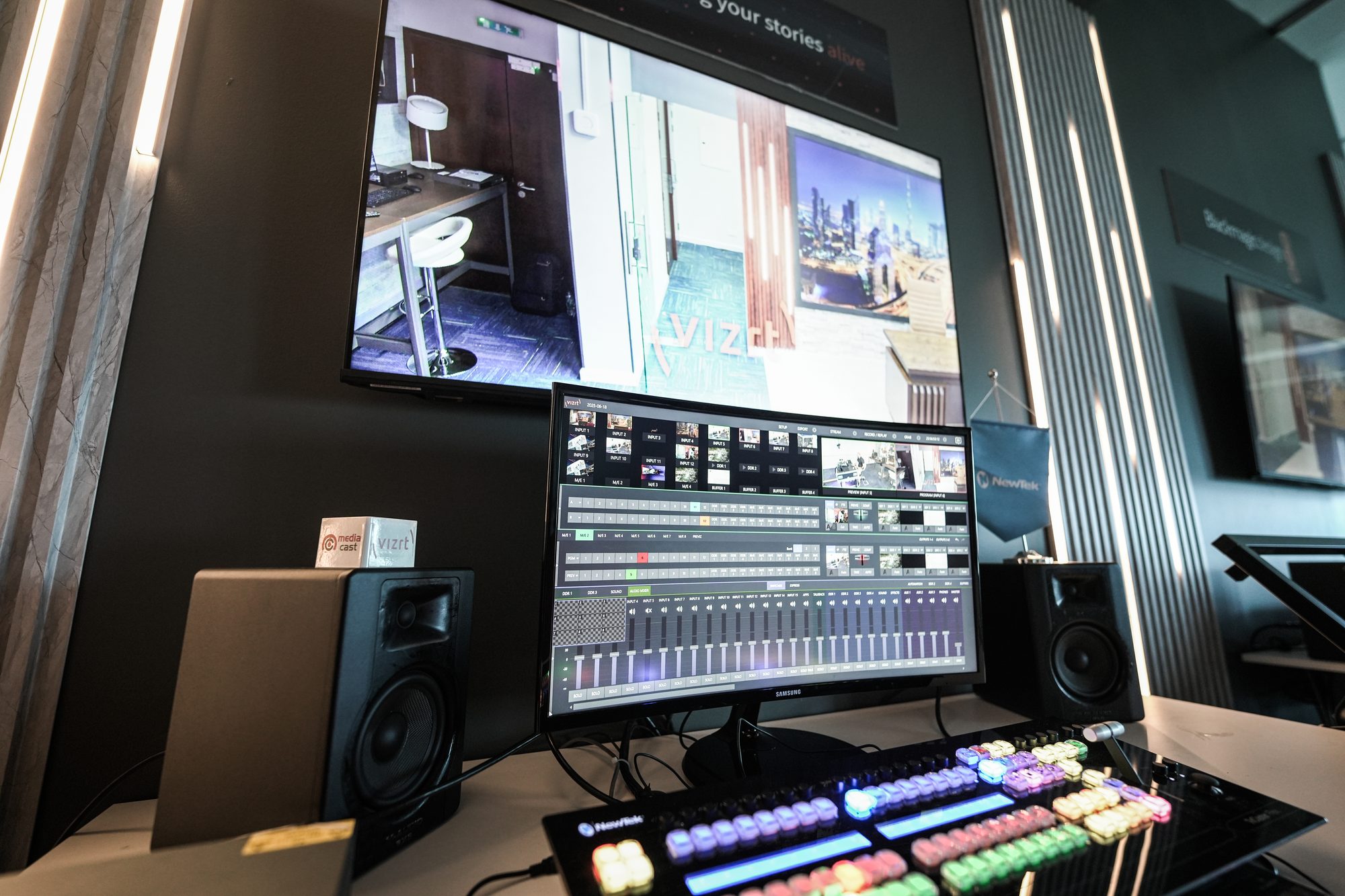 Editing workstations at MCX, monitors along the bench